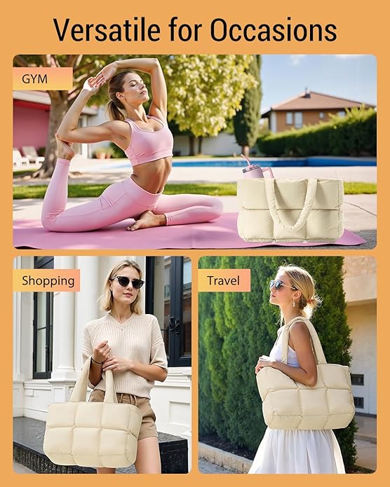 Herald Puffer Tote Bag for Women, Large Quilted Puffy Handbag Lightweight Satchel Purse with Cup Holder & Compartment