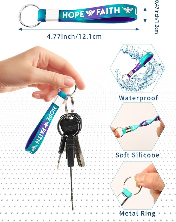 36pcs Suicide Prevention Awareness Silicone Keychains Purple Teal Ribbon Inspirational Rubber Keychains for Suicide Prevention Awareness Motivational Favor Charity Campaign Supplies