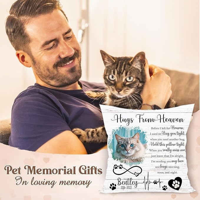 Personalized Pet Memorial Throw Pillow (Insert Included), Hugs from Heaven Cat Memorial Pillow, Cat Memorial Gifts for Loss of Cat, Cat Remembrance Gifts, Cat Memorial Gifts, Pet Loss Gifts