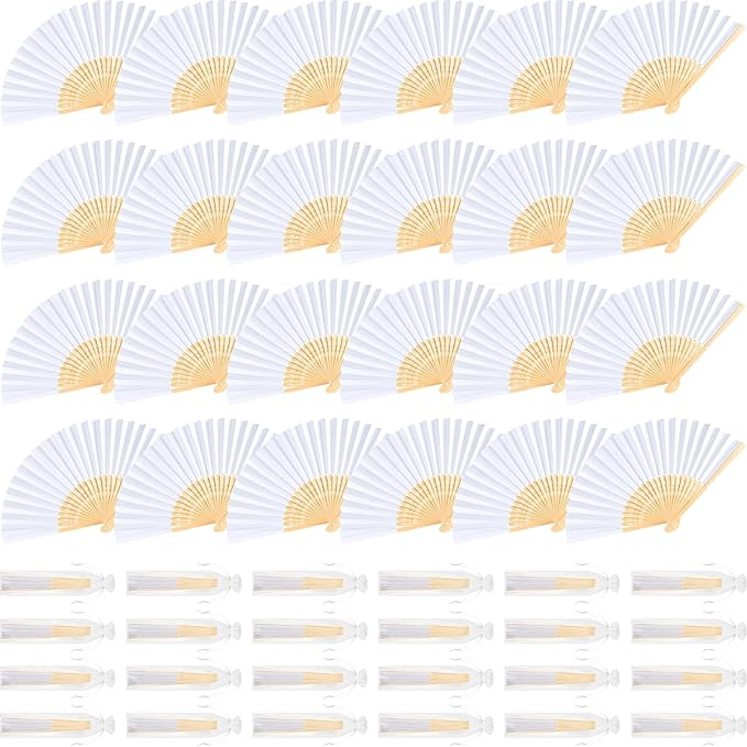 NEBURORA 24Pcs White Handheld Paper Fans 8.3 Inch Hand Held Bamboo Fans Foldable for Wedding Decoration Outdoor Party Favors DIY Decoration Dancing Photography Props