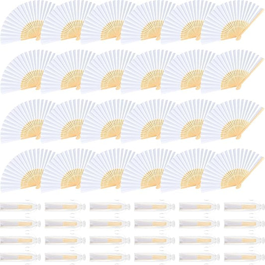 NEBURORA 24Pcs White Handheld Paper Fans 8.3 Inch Hand Held Bamboo Fans Foldable for Wedding Decoration Outdoor Party Favors DIY Decoration Dancing Photography Props