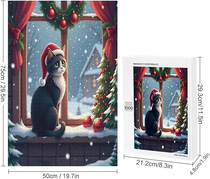 Jigsaw Puzzles for Adults 1000 Piece - Christmas Black Cat Wooden Puzzles, Stress Relief Games, Funny Puzzles，Unique Gifts for Wall Art，Family Puzzles，Educational Games