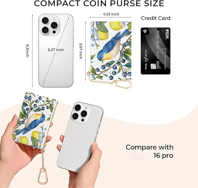 Hummingbird Keychain Coin Purse for Women, Small PU Leather Change Pouch, Zipper Little Bird Tiny Travel Wallet for Girls, Cute Kawaii Zip Pocket Coin Holder with Key Ring