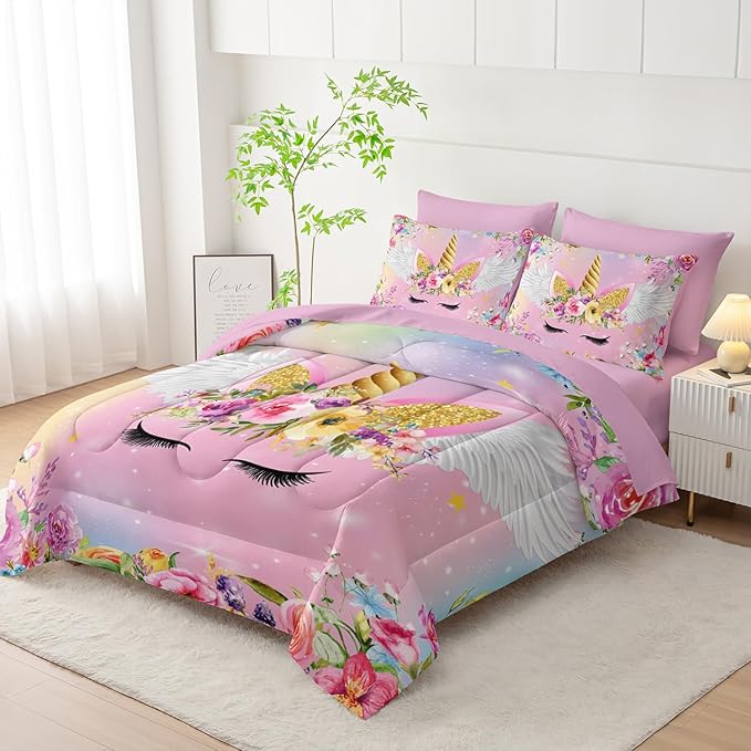 Unicorn Comforter Set Queen - 7 Pcs Floral Girls Bedding, Pink Purple Blue Girls Quilt Set, All Season Microfiber Comforter, Sheets, Pillowcases