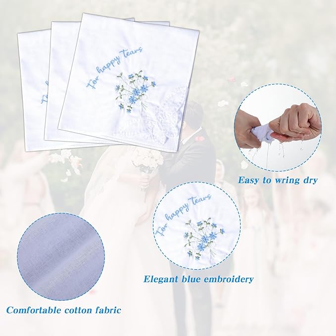 For Happy Tears Handkerchief, 6 Pcs Embroidered Wedding Handkerchief Cotton Hankies for Bride, Groom, Bridesmaid, Mother of the Bride, White & Blue, 12" x 12"