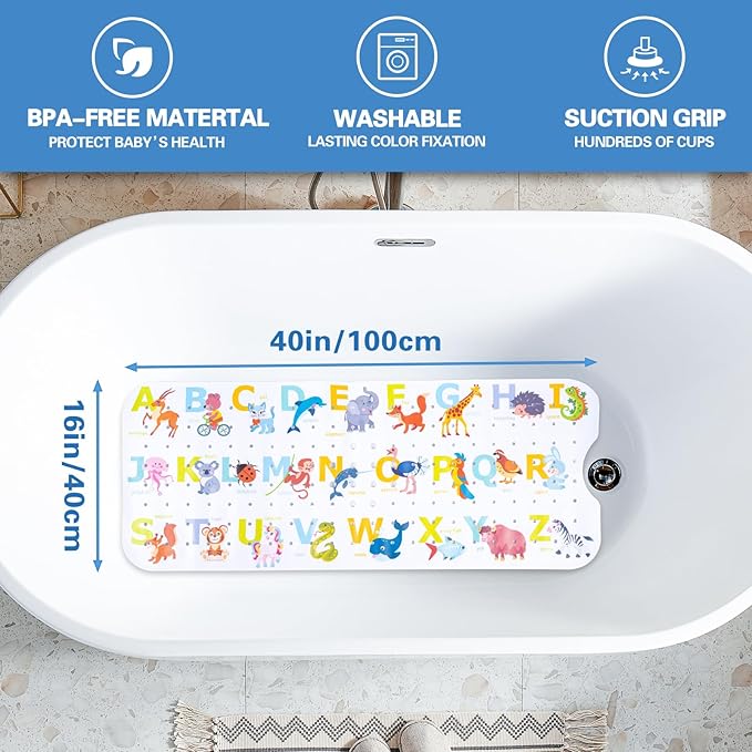 Kids Bath Mat with Ocean Theme Design, 40x16 inches, Non-Slip with 200 Suction Cups, Cartoon Sea Animals Pattern (Letter+Animal, 40 * 16in)