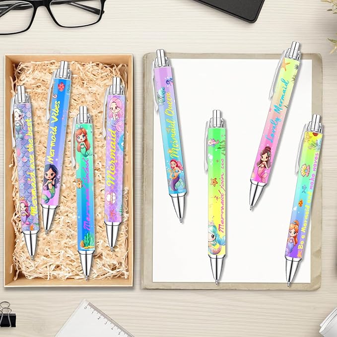 Idealmuzik Mermaid Pens for Girls – Cute Mermaid-Themed Ballpoint Pen Set for Ocean Lovers – Fun Stationery Gift for Journaling – 8 Pack