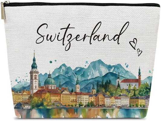 Switzerland Trip Gifts Makeup Bag, City Travel Cosmetic Bag for Purse, Watercolor Gifts, Switzerland Souvenir, Trip Favors for Traveller Lovers, City Themed Organizer