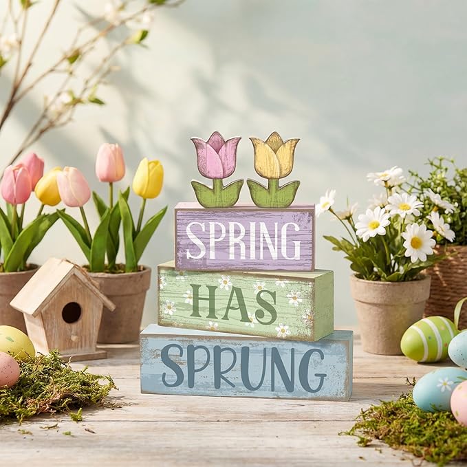 4 Pcs Spring Table Decor Wood Floral Decoration Tulip Centerpiece Spring Tiered Tray Decor Decorative Colorful Flower Block Signs Gift Farmhouse Decoration for Home Kitchen