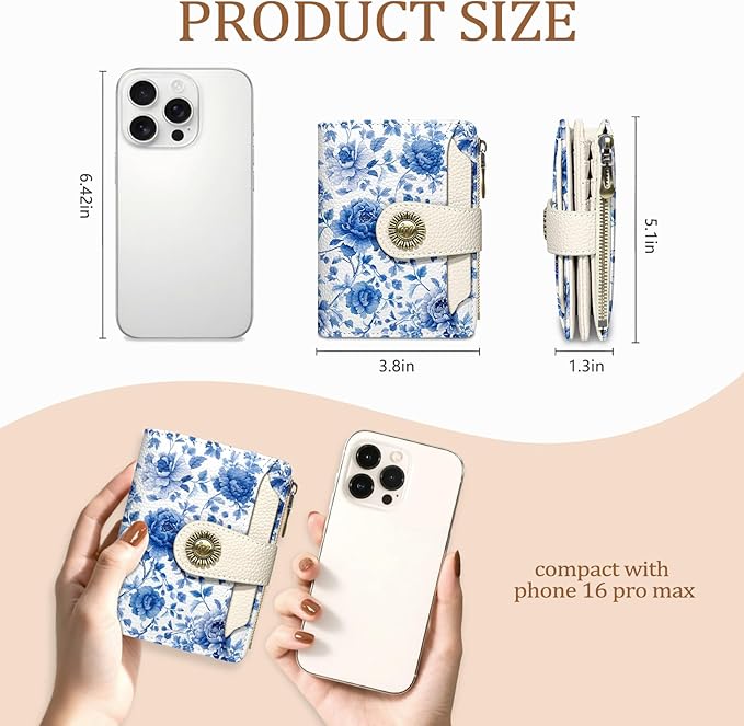 Floral Flowers Small Wallet Women RFID Blocking Bifold, Credit Card Holder, Zipper Coin Pocket, PU Leather, Compact, Travel, 4 ID Window, 14 Card Slots, Cash Purse, Ladies Woman Female Girls