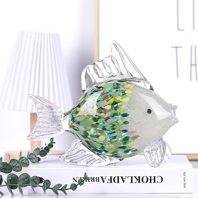 Green Blown Glass Fish Figurine – Handcrafted Art Animal Sculpture, Ocean Coastal Home Decor, Elegant Glass Fish Ornament for Tabletop or Bookshelf Display (D)