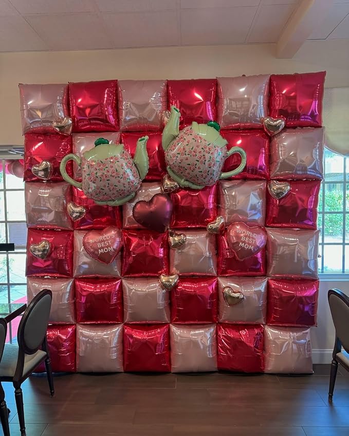 Hot Pink Square Foil Balloon Wall, 25 PCS Double Sided Balloons Flat Hot Magenta Pink Square Balloon Backdrop for Girls Women Bachelorette Anniversary Birthday Party Decoration