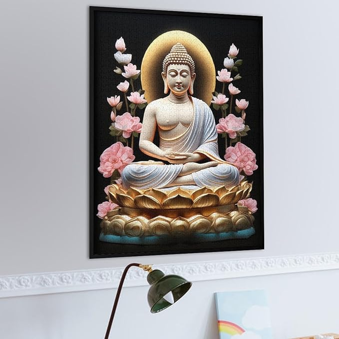 Buddha in A Golden Lotus Flower Wooden Puzzle 1000 Pieces Jigsaw Puzzles for Adults Puzzle Educational Toys Challenging Fun Games Gifts for Elders Kids Family and Friends