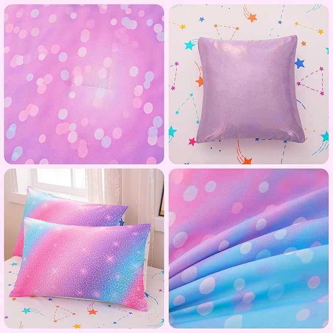Rainbow Bedding Set Queen Size – 6-Piece Reversible Girls Comforter with Deep-Pocket Sheet, Gradient Galaxy Design, Whole-Piece Filling, Machine Washable Bed-in-a-Bag for Kids Room Makeover & Gifts