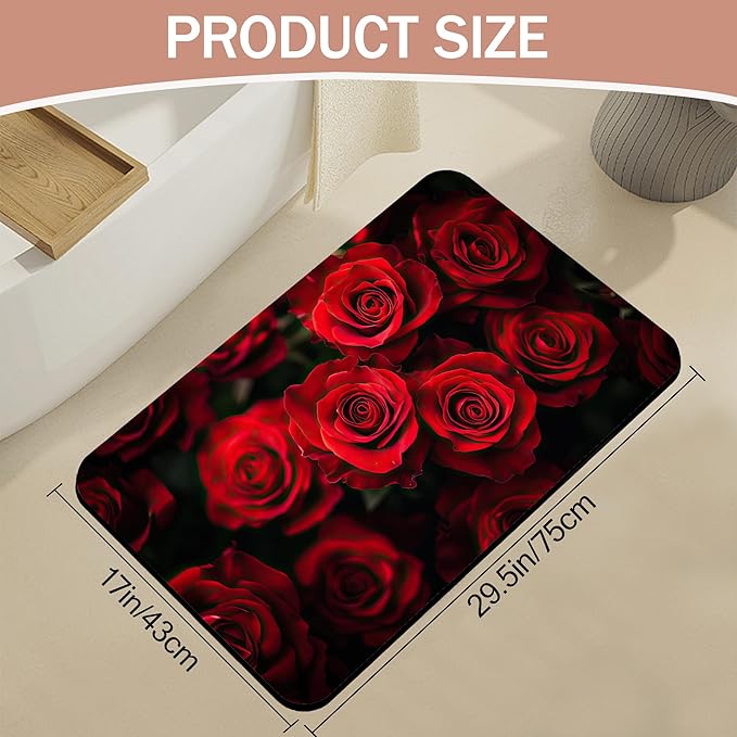 Non Slip Bath Mat,Red Roses Bathroom Decor,Floral Diatomaceous Bath Mat Quick Dry Absorbent Bathroom Rugs-Shower Rug for Kitchen Laundry Bathtub Shower 17"x29.5"
