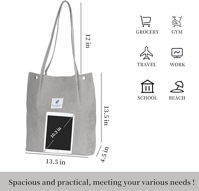 Corduroy Tote Bag Cute Tote Bags for Women Shoulder Bag with Inner Pocket for Work Beach Travel and Shopping Grocery