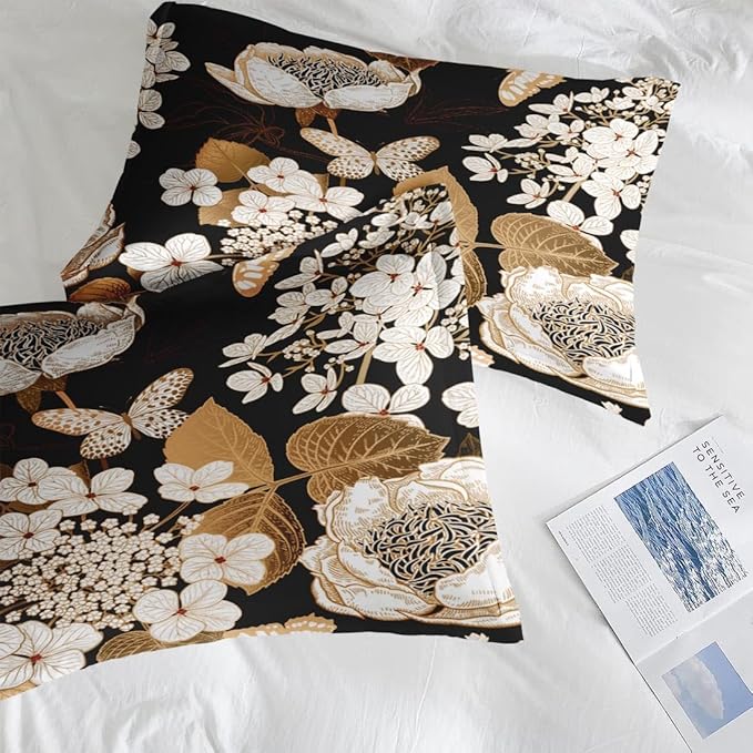 Comforter Set Queen Size, Hydrangea Butterfly Flower 7 Pcs Bedding for Kids and Adults, Black Gold Bed Sheet Sets with Fitted Sheet 2 Pillowcase & 2 Sham for Bedroom Bed Decor