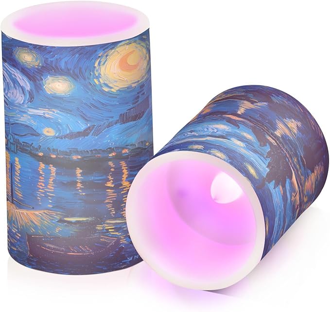 ALAZA Starry Night Over The Rhone Flickering Flameless Candles Battery Operated with Remote Timer,Tea Light Candles LED Pillar Votive Candles Set of 2 for Outdoor Indoor Decorations