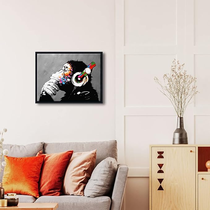 Wieco Art Black Framed Monkey With Headphones Banksy Graffiti Art Abstract Canvas Paintings Prints Animal Canvas Wall Art for Wall Decor and Home decorations Office Decor