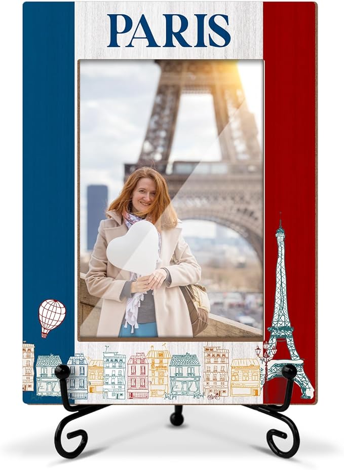 Lesixur Paris Eiffel Tower Travel Photo Frame, Wedding Honeymoon Souvenir Gift for Couples Friends, 4x6 Wooden Picture Frame with Iron Stand for Tabletop Desktop Display, Home Table Decor -043