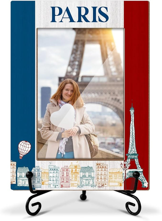 Lesixur Paris Eiffel Tower Travel Photo Frame, Wedding Honeymoon Souvenir Gift for Couples Friends, 4x6 Wooden Picture Frame with Iron Stand for Tabletop Desktop Display, Home Table Decor -043