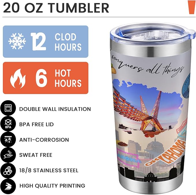 20oz Insulated Tumbler Oklahoma State Coffee Mug, United States Map Travel Mug Landmark, Birthday Gifts Cute Custom Tumbler Cups with Lid and Straw Gifts for Mom