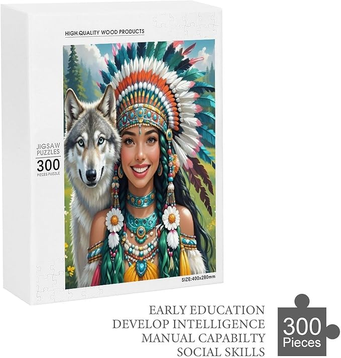 Wooden Puzzle - Indian Beauty & Wolf，Native American Jigsaw Puzzles，Wooden Puzzles for Adults 300 Pieces Unique Gifts for Wall Art，Challenge Puzzles，Educational Games，Family Puzzles