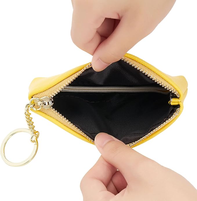 WOZEAH Artificial Leather Coin Purse Change Purse With Key Chain Ring Zipper For Men Women (Yellow)