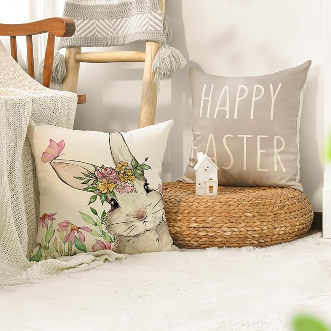 AVOIN colorlife Happy Easter Hunny Bunny Grey Throw Pillow Covers, 18 x 18 Inch Easter Eggs Bunny Spring Cushion Case for Sofa Couch Set of 4