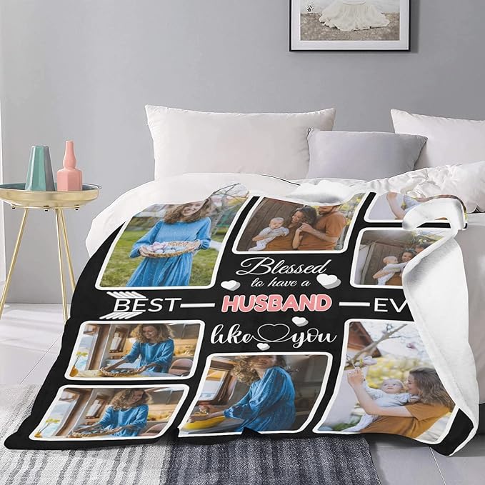Custom Blanket Gifts for Husband, Customized Blankets with Photos, Make a Personalized Bed Throws to My Husband, Custom Souvenir Throw Blanket for Best Husband Ever, 8 Collages Made in USA