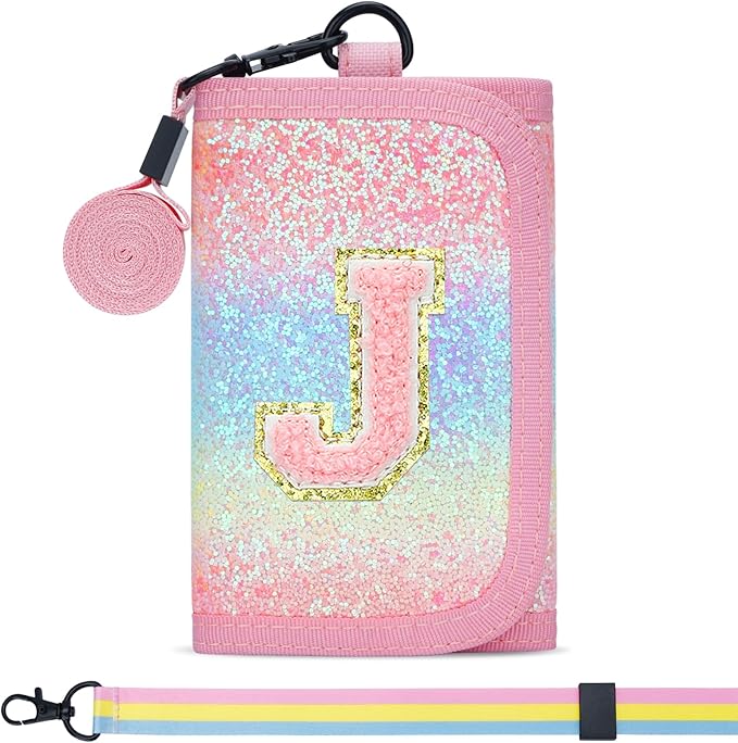 Gifts for Girls 3 4 5 6 7 8 9 10 11 12 Years Old Kids Wallet Cute Initial Coin Purse Toddler Wallet with Magic Sticker (Shiny Rainbow, J)
