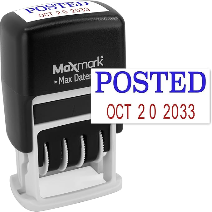 MaxMark Self-Inking Rubber Date Office Stamp with Posted Phrase Blue Ink & Date RED Ink (Max Dater II), 12-Year Band