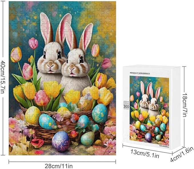 Wooden Puzzle - Easter Tulips Bunny Jigsaw Puzzles，Wooden Puzzles for Adults 300 Pieces Unique Gifts for Wall Art，Challenge Puzzles，Educational Games，Family Puzzles