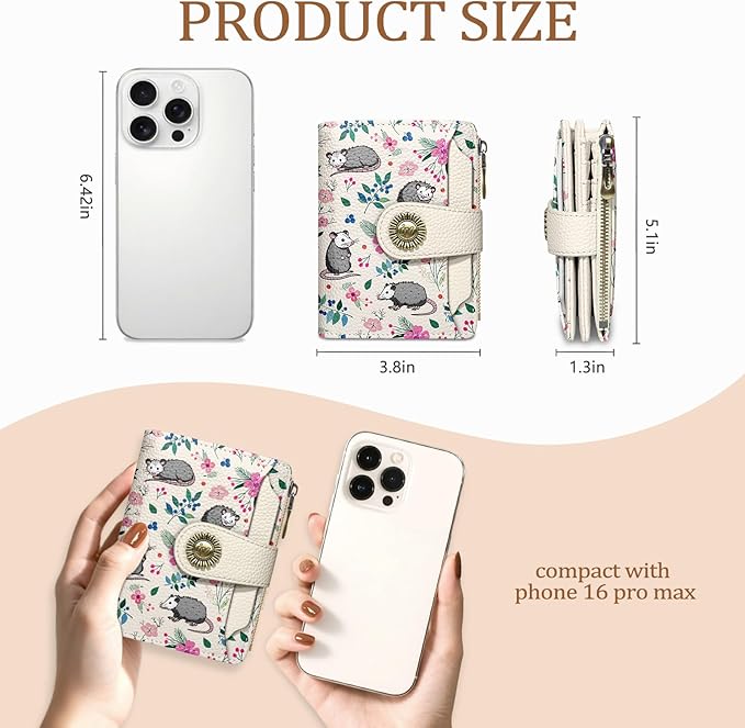 Possum Wallet Women Small RFID Blocking Bifold, Credit Card Holder, Zipper Coin Pocket, Funny Opossum, Cute, PU Leather, Compact, Travel, 14 Card Slots, Cash Purse, Ladies Woman Female Girls
