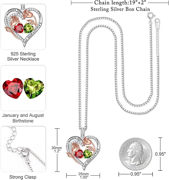 Iefil Valentines Day Gifts for Her - 925 Sterling Silver Rose Heart Birthstone Necklace Birthday Anniversary Jewelry Gifts for Her Wife Mom Daughter