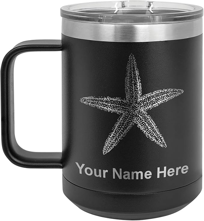 LaserGram 15oz Vacuum Insulated Coffee Mug, Starfish, Personalized Engraving Included (Black)