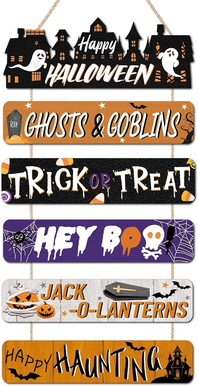 CHDITB Happy Halloween Wooden Sign, Spooky Ghosts Goblins Wood Hanging Plaque, Halloween Front Door Sign, Festive Wall Art Sign Hanger, Seasonal Holiday Wall Decor for Outdoor Porch Yard Party Decor