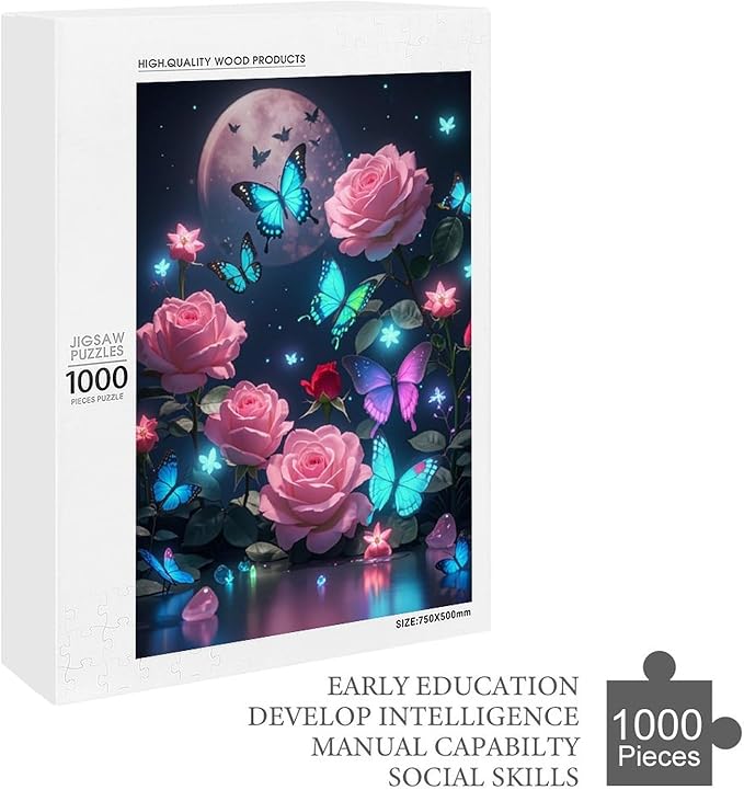 Wooden Puzzles 1000 Piece，Butterfly and Rose Themed Jigsaw Puzzles Challenge Puzzles，Educational Games，Family Puzzles，Unique Gifts for Wall Art，Funny Puzzles