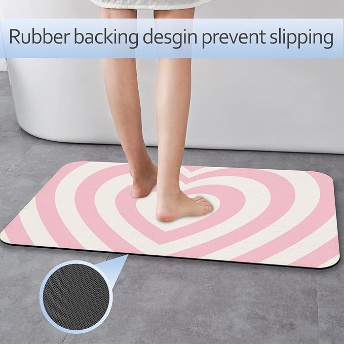 Pink Love Heart Bathroom Rug 29.5"x17", Super Absorbent Fast Drying Bath Mat with Non-Slip Rubber Backing, Thin Low-Profile Easy-Clean Bathroom Floor Mat for Shower or Tub