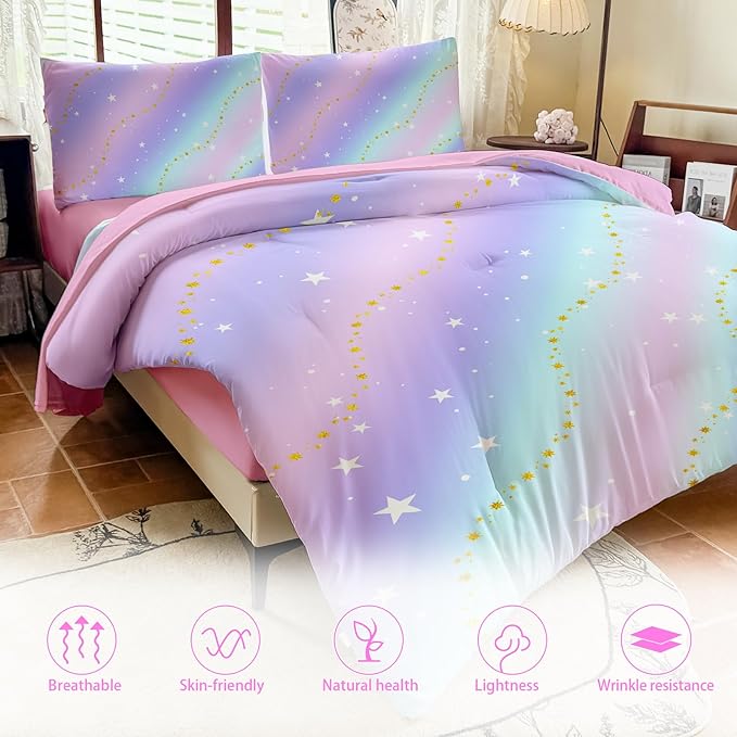 Rainbow Bedding Set Twin Size – 5 Piece Reversible Girls Comforter with Deep-Pocket Sheet, Gradient Galaxy Design, Whole-Piece Filling, Machine Washable Bed-in-a-Bag for Kids Room Makeover & Gifts