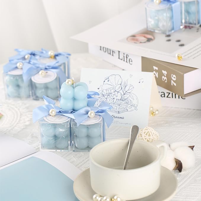 ACITHGL 30 Sets Fully Assembled Small Bubble Candle Party Favors for Guests Bulk Bridal Showers Favors Candles with Stylish Ribbons Thank You Cards Gifts (Blue)
