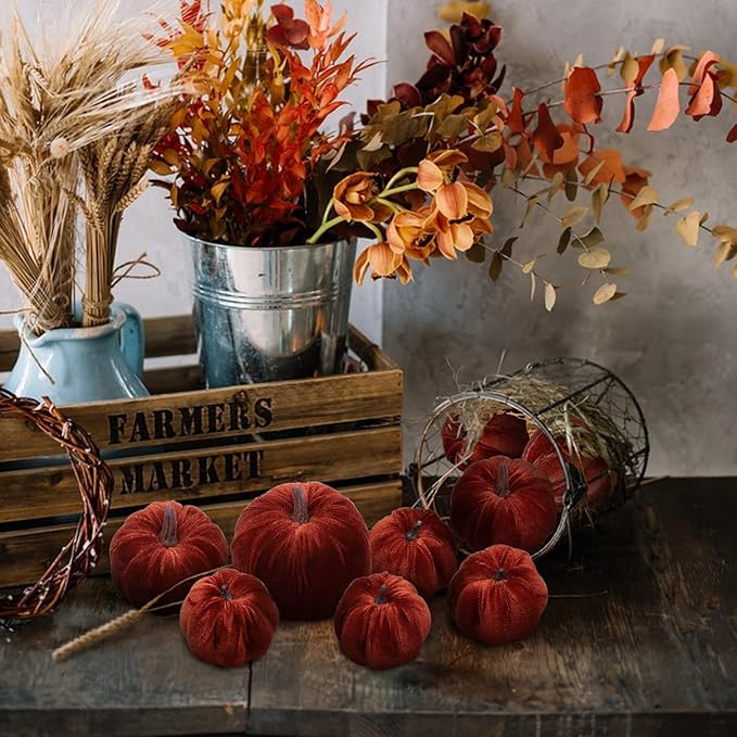 Woration 8pcs Artificial Pumpkins Halloween Decorations Velvet Fake Fabric Pumpkin Assorted Sizes Brown Fall Harvest Table Decor Farmhouse Decorations for Home