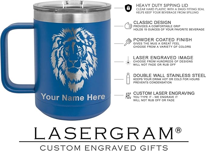 LaserGram 15oz Vacuum Insulated Coffee Mug, Cup of Coffee, Personalized Engraving Included (Dark Blue)