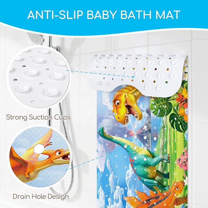 Baby Bath Mat for Tub, Non Slip Kids Bath Shower Mat, 40 X 16 Inch Large Bathtub Mat with Drain Holes and Suction Cups for Toddlers, Machine Washable and Waterproof (Dinosaur)