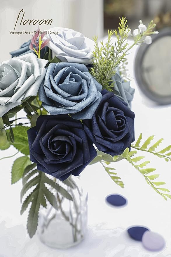 Floroom Artificial Flowers 25pcs Real Looking Dusty Blue Ombre Colors Foam Fake Roses with Stems for DIY Wedding Bouquets Bridal Shower Centerpieces Floral Arrangements Party Tables Home Decorations