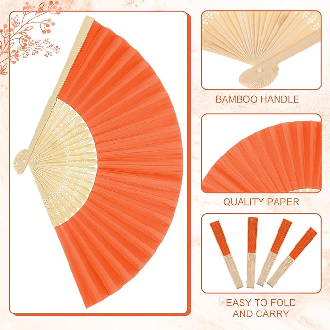 Yinkin 24 Pack Folding Fans Bamboo Handheld Folded Craft Hand Japanese Chinese Fans for Weddings Bridal Dancing Church DIY Decoration Women Gift Party Favors (Orange)