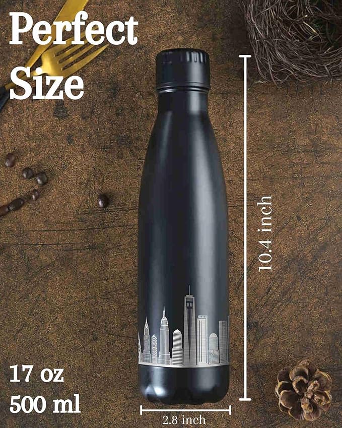 New York City Skyline Gifts, New York City Gifts for NYC Lovers, Skyline Map 17oz/500ml Stainless Steel Insulated Water Bottle, Perfect for Birthday & Christmas