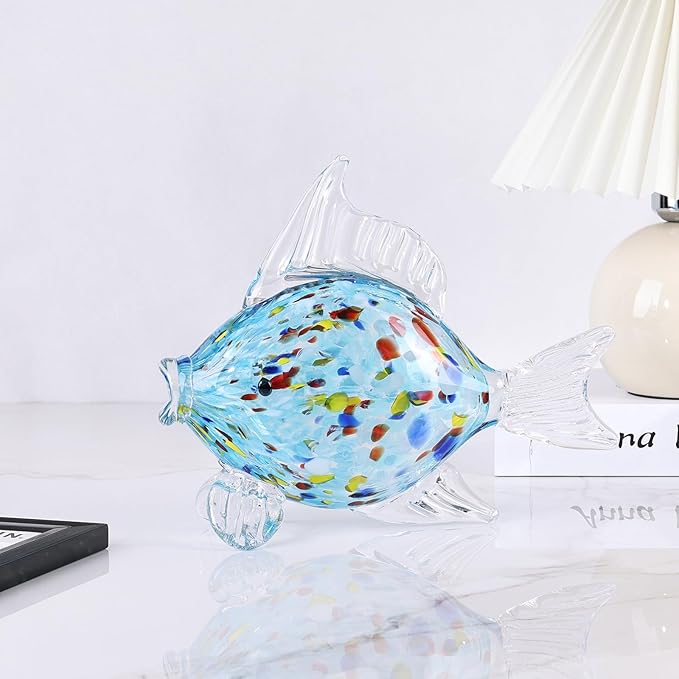 Large Glass Fish Figurine for Home Decor, Hand Blown Art Glass Ocean Animal Statue, Decorative Coastal and Beach Themed Sculpture for Table, Shelf, Bathroom, Living Room or Office