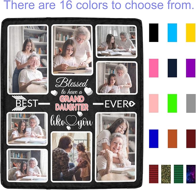 Custom Blanket Gifts for Granddaughter, Customized Blankets with Photos, Make a Personalized Bed Throws, Custom Souvenir Throw Blanket for Best Granddaughter Ever, 8 Collages Made in USA