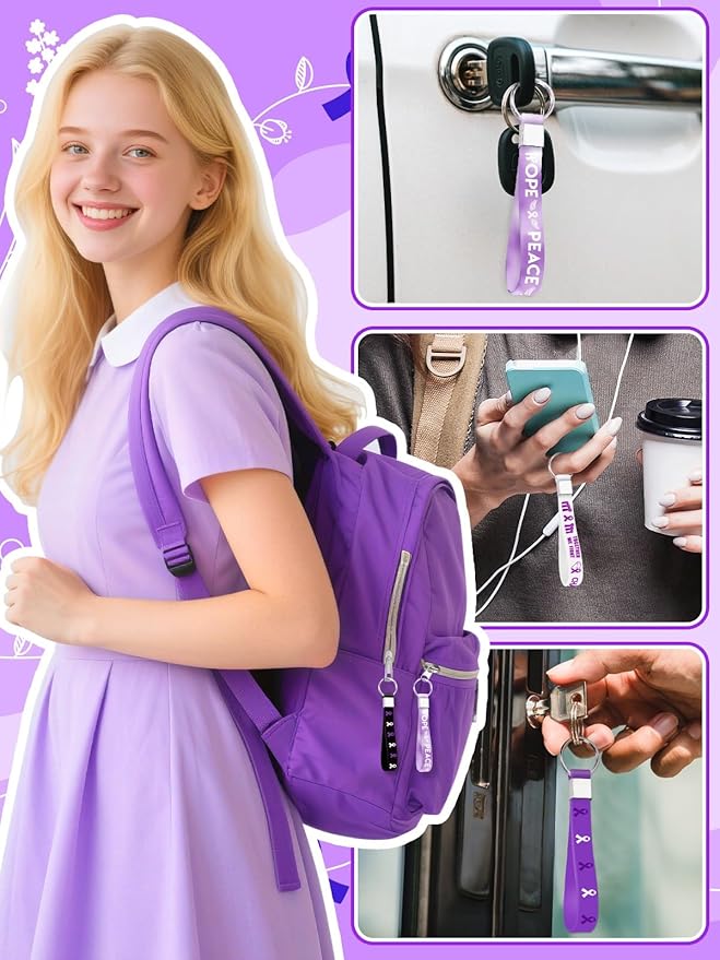 36pcs Purple Ribbon Awareness Silicone Keychains Inspirational Motivational Rubber Keychains for Lupus Domestic Violence Epilepsy Pancreatic Cancer Alzheimers Awareness Party Supplies